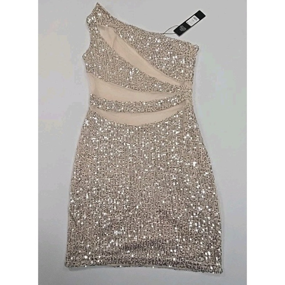 fashion nova dress M Party Seeker Mini Dress Sequin Cream One Shoulder